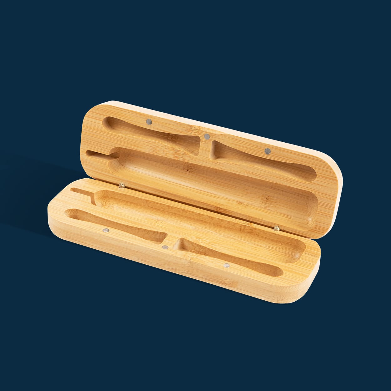 Bamboo Travel Case for Better & Better Bamboo Sonic Toothbrush. Zero plastic, made of natural bamboo. Case is open on a navy background.